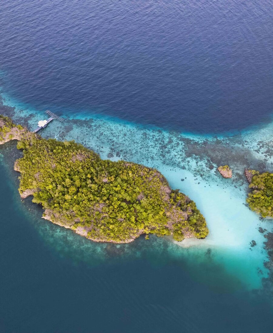 Aerial view of a small island and jetty, Raja Ampat, Indonesia