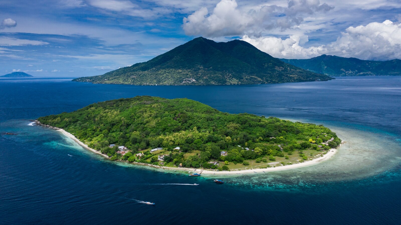 Aerial view of Alor island with Pantar volcano behind, Indonesia
