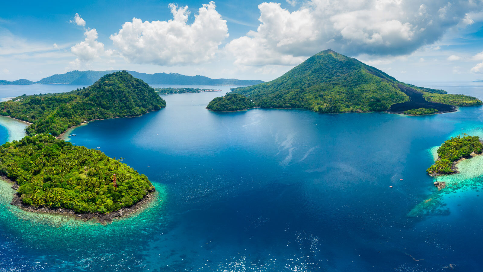 Aerial view of Gunung Api volcano and the Banda Islands, Indonesia