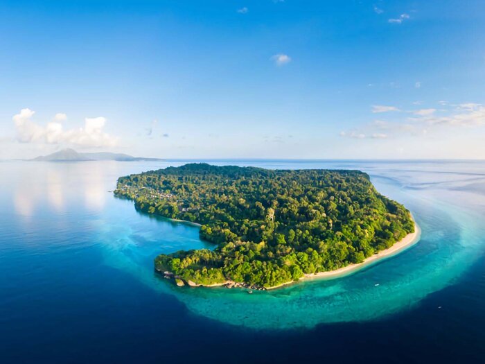 Aerial view of Pulau Ai island and reef, Banda Sea