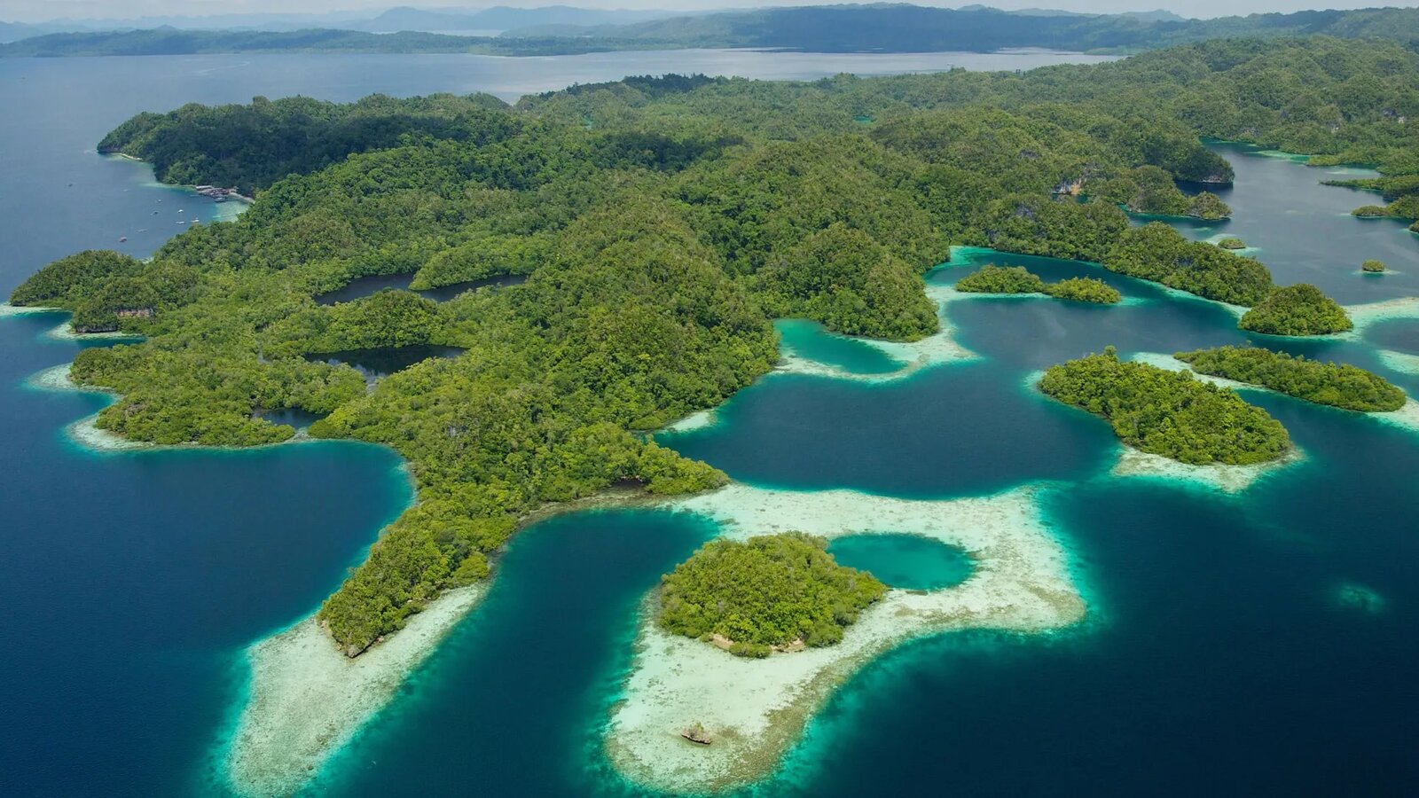 Aerial view of limestone islands and lagoons, Indonesia