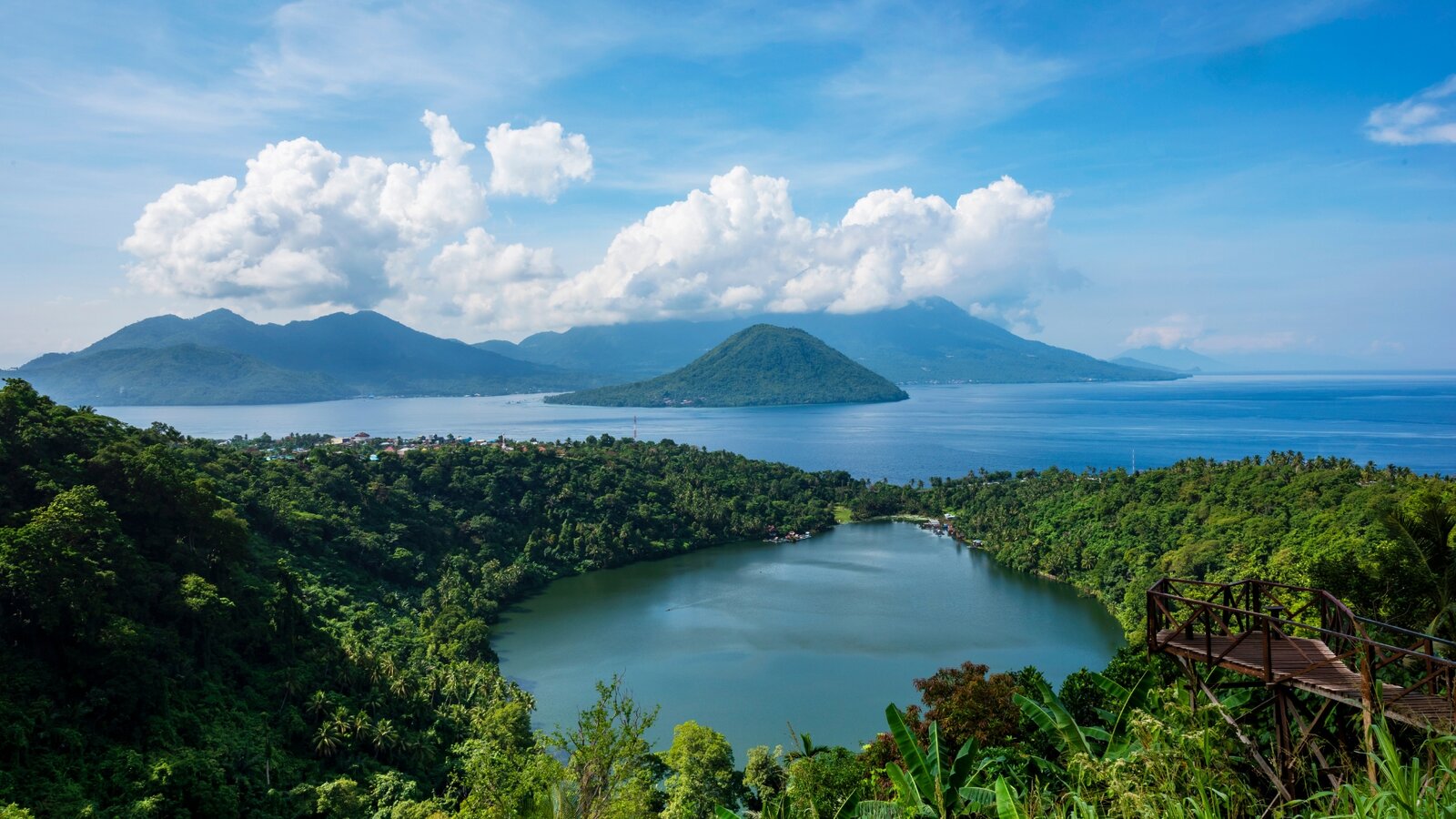 Aerial view of Ternate volcano and coastline, Halmahera