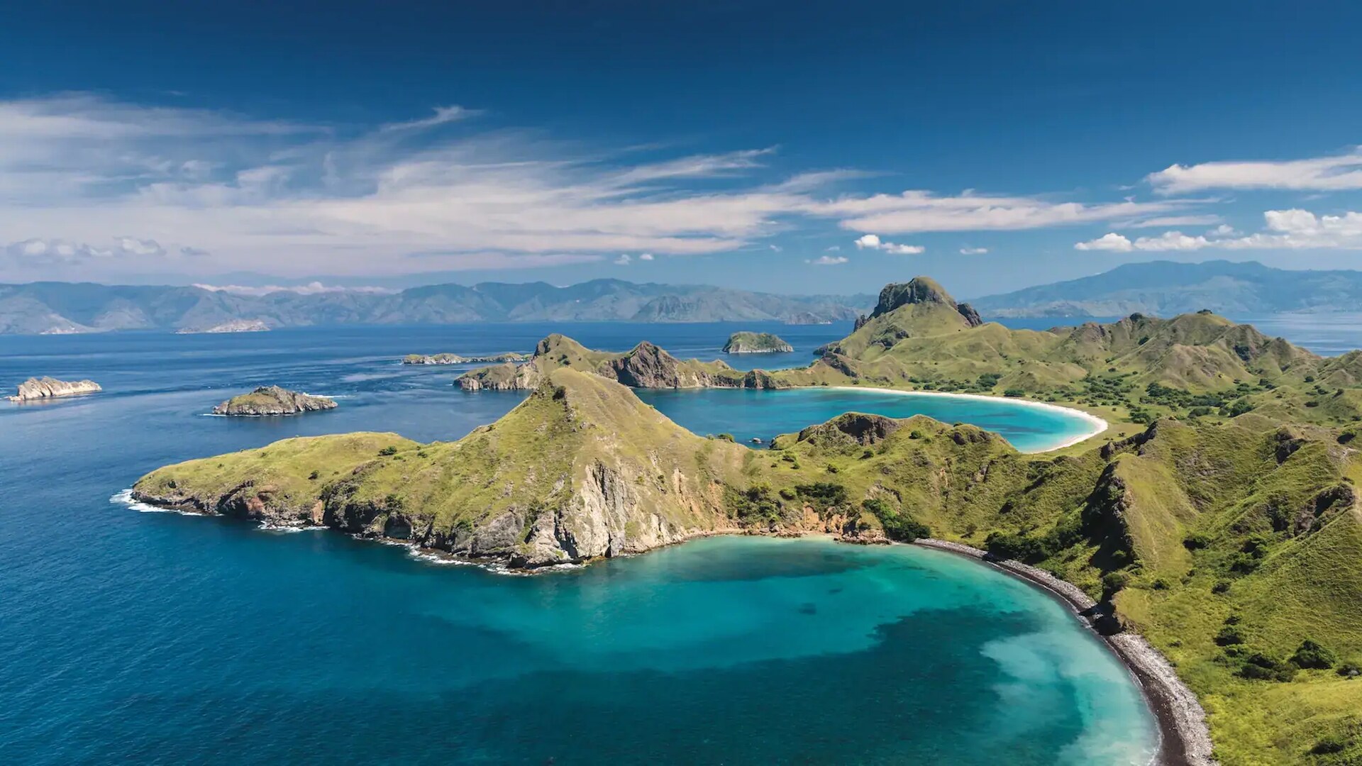 Aerial view of Padar Island's bays and ridgelines, Komodo National Park, Indonesia