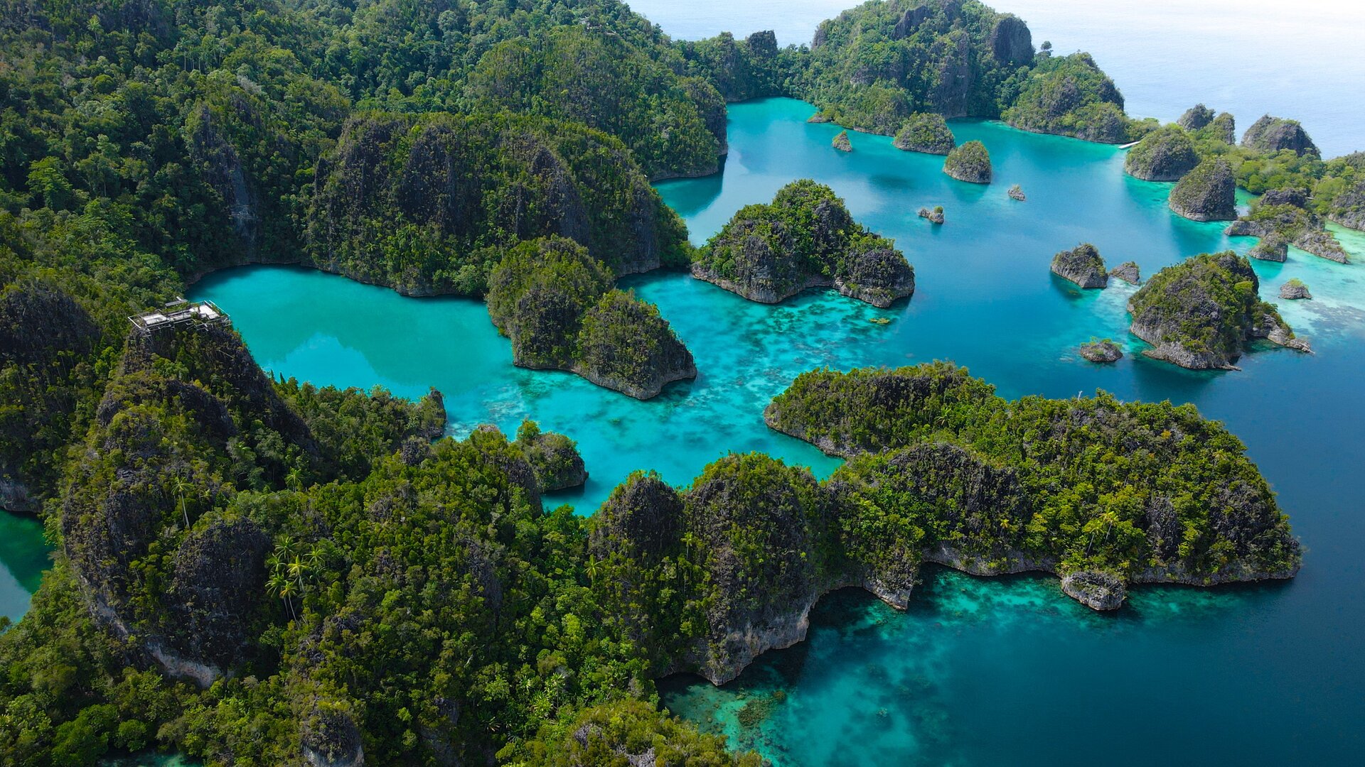 Aerial view of limestone karst islands and lagoons, Raja Ampat, Indonesia
