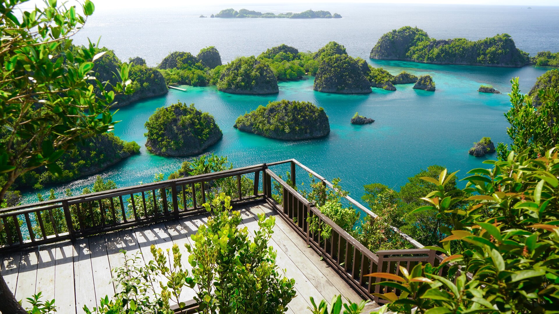 Aerial view of the Piaynemo viewpoint over Raja Ampat's limestone islands, West Papua, Indonesia