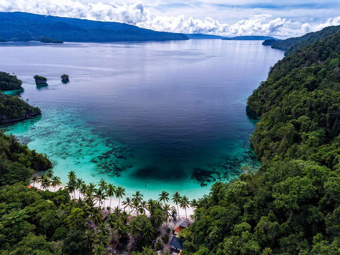 Aerial view of a palm-fringed lagoon, Aiduma Island, Triton Bay