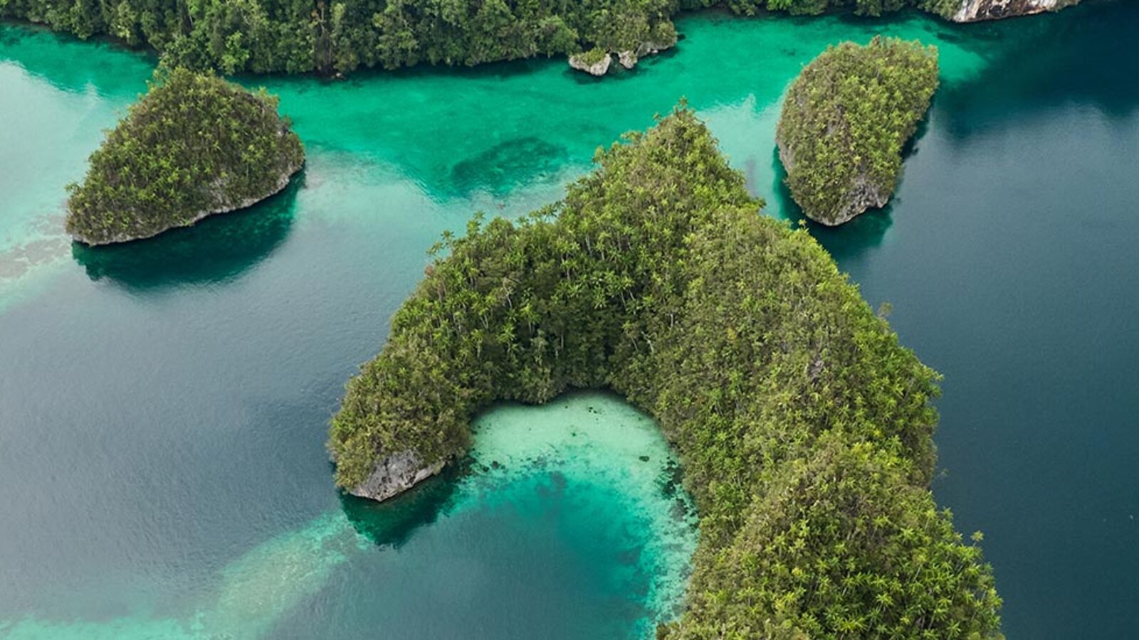 Aerial view of karst islands and lagoon, Triton Bay, West Papua